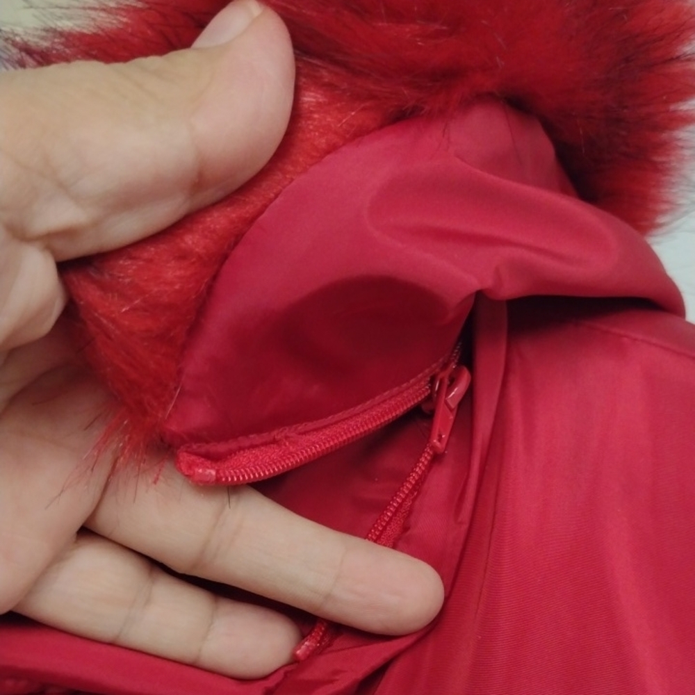 Dennis Basso Red Hooded Puffer Coat with Fur Trim - Picture 4 of 16